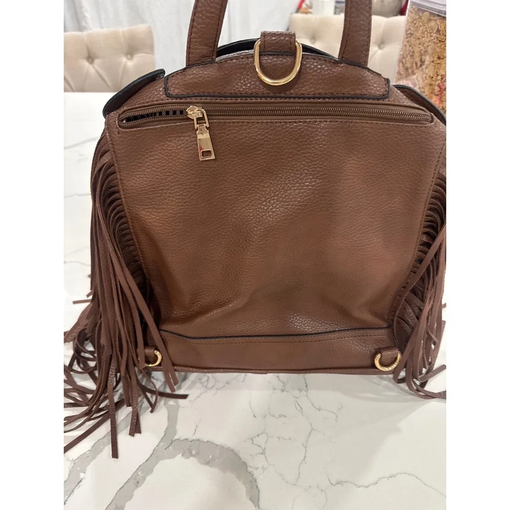 Brown Faux Leather Moto Jacket Fringe Backpack Gold Hardware Convertible Straps